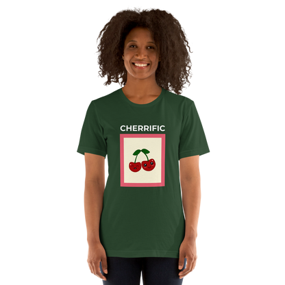 Woman wearing a Forest Green Premium Cherry Tee featuring a Cherrific graphic on the chest - Funny Graphic Cherry Tees - Boozy Fox