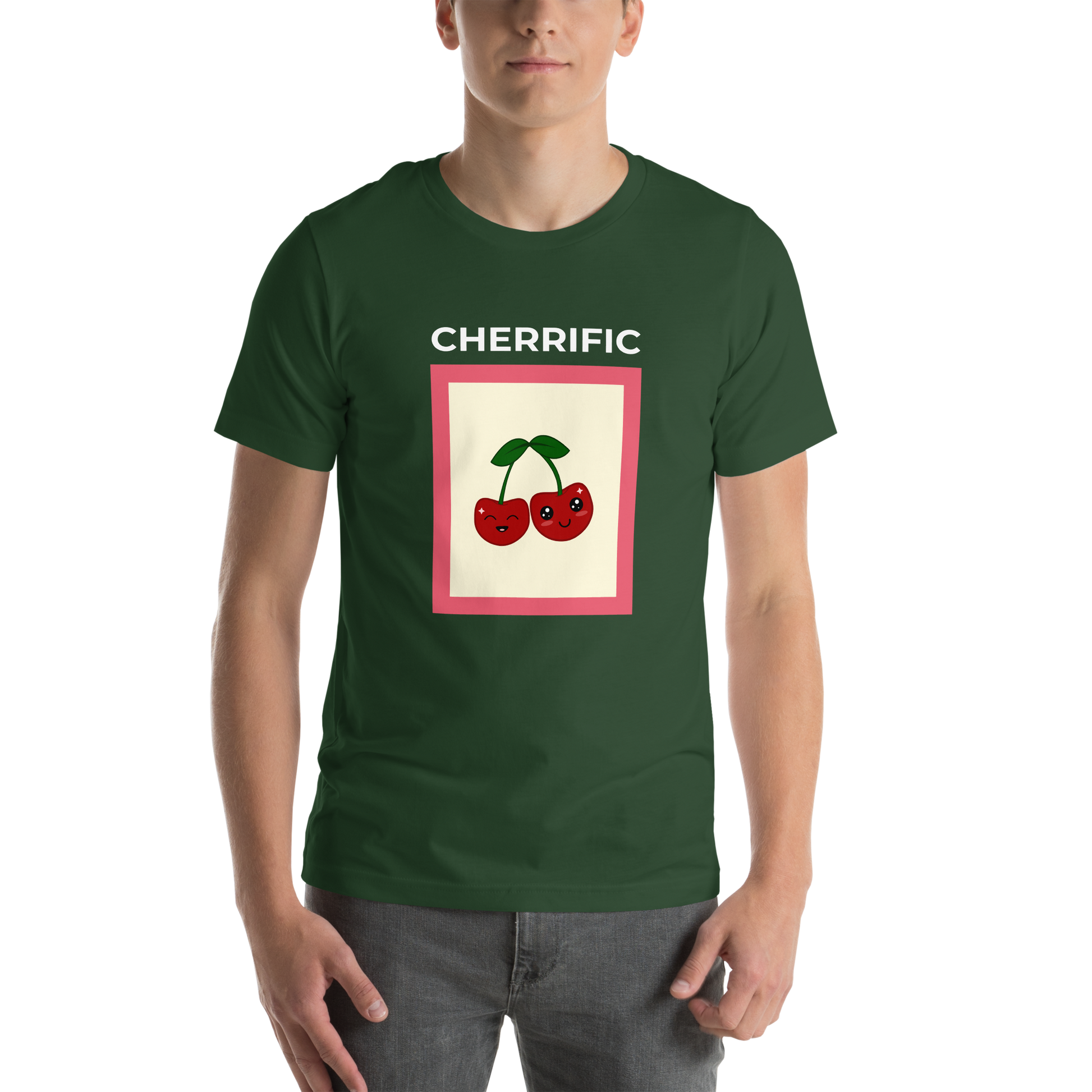 Man wearing a Forest Green Premium Cherry Tee featuring a Cherrific graphic on the chest - Funny Graphic Cherry Tees - Boozy Fox