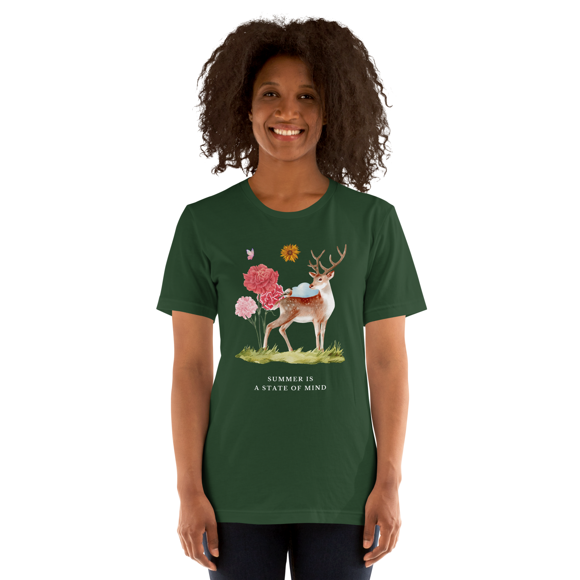 Woman wearing a Forest Green Premium Summer Is a State of Mind Tee featuring a Summer Is a State of Mind graphic on the chest - Cute Graphic Summer Tees - Boozy Fox