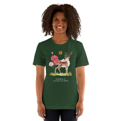Woman wearing a Forest Green Premium Summer Is a State of Mind Tee featuring a Summer Is a State of Mind graphic on the chest - Cute Graphic Summer Tees - Boozy Fox