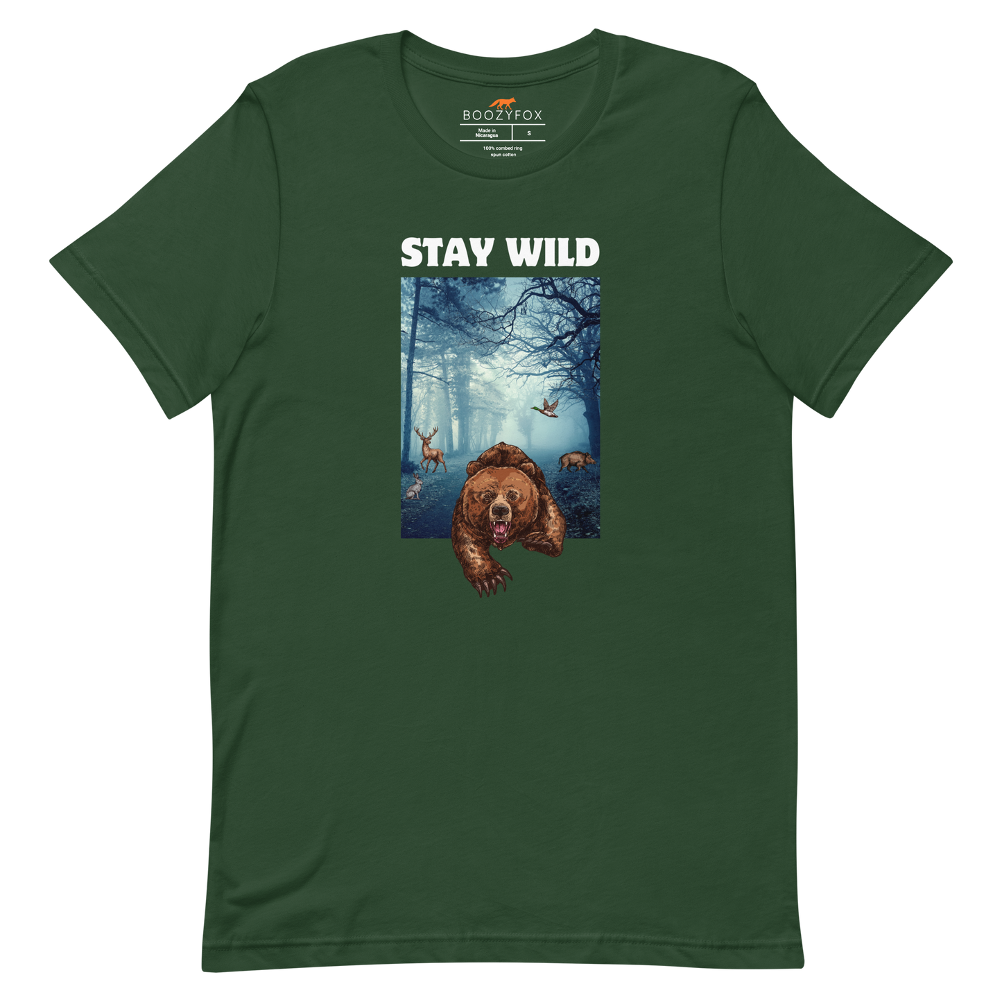 Forest Green Premium Bear Tee featuring a Stay Wild graphic on the chest - Cool Graphic Bear Tees - Boozy Fox