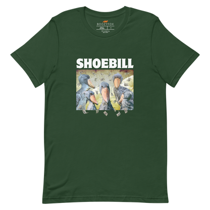 Forest Green Premium Shoebill Tee featuring cool Shoebill graphic on the chest - Artsy/Funny Graphic Shoebill Stork Tees - Boozy Fox