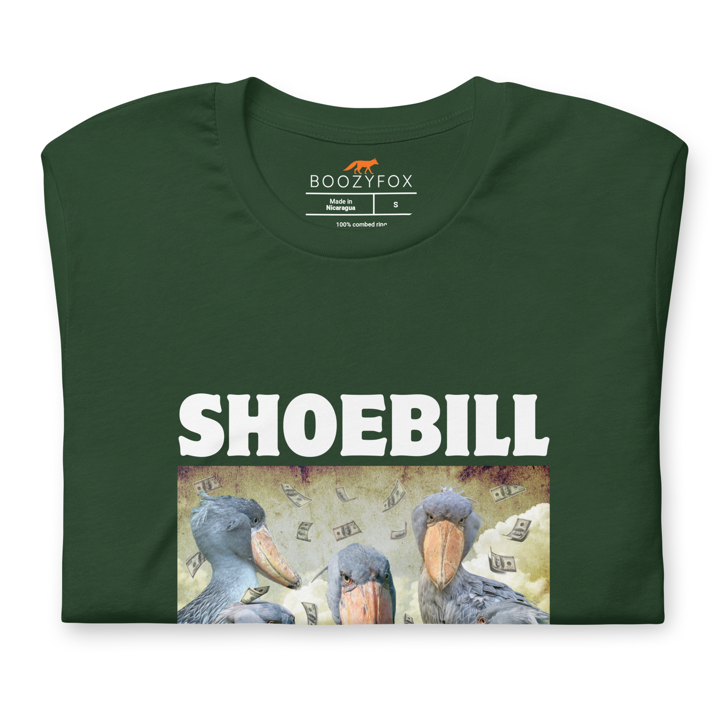 Front details of a Forest Green Premium Shoebill Tee featuring cool Shoebill graphic on the chest - Artsy/Funny Graphic Shoebill Stork Tees - Boozy Fox