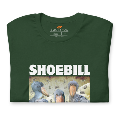 Front details of a Forest Green Premium Shoebill Tee featuring cool Shoebill graphic on the chest - Artsy/Funny Graphic Shoebill Stork Tees - Boozy Fox