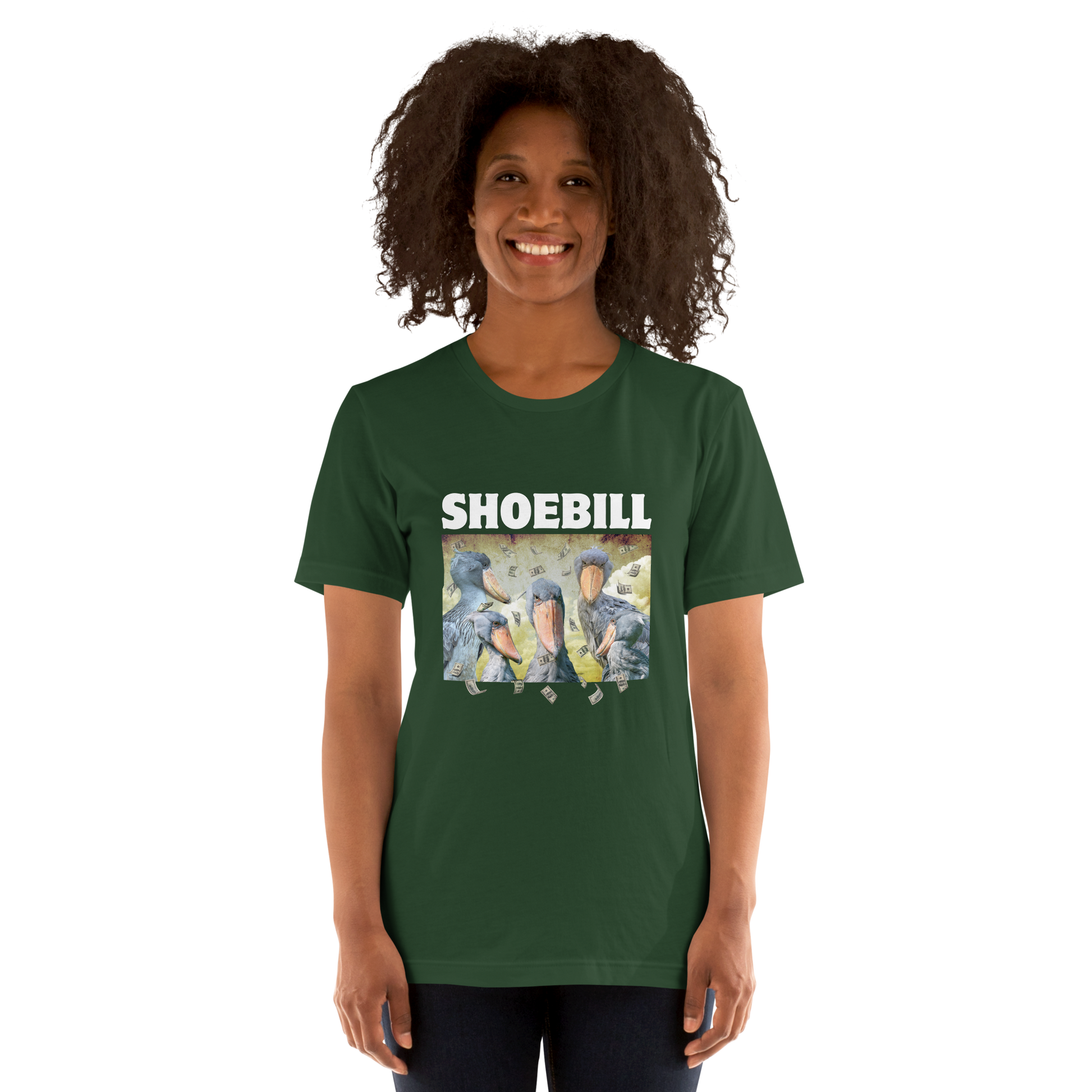 Woman wearing a Forest Green Premium Shoebill Tee featuring cool Shoebill graphic on the chest - Artsy/Funny Graphic Shoebill Stork Tees - Boozy Fox