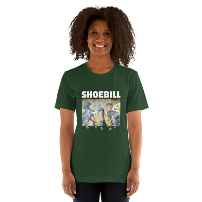Woman wearing a Forest Green Premium Shoebill Tee featuring cool Shoebill graphic on the chest - Artsy/Funny Graphic Shoebill Stork Tees - Boozy Fox