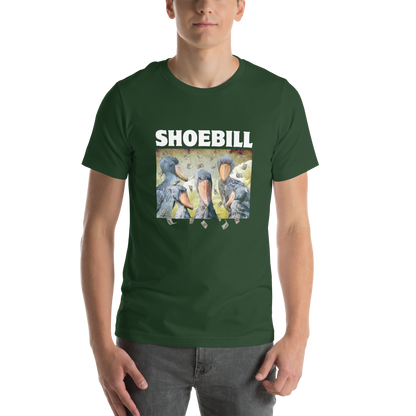 Man wearing a Forest Green Premium Shoebill Tee featuring cool Shoebill graphic on the chest - Artsy/Funny Graphic Shoebill Stork Tees - Boozy Fox