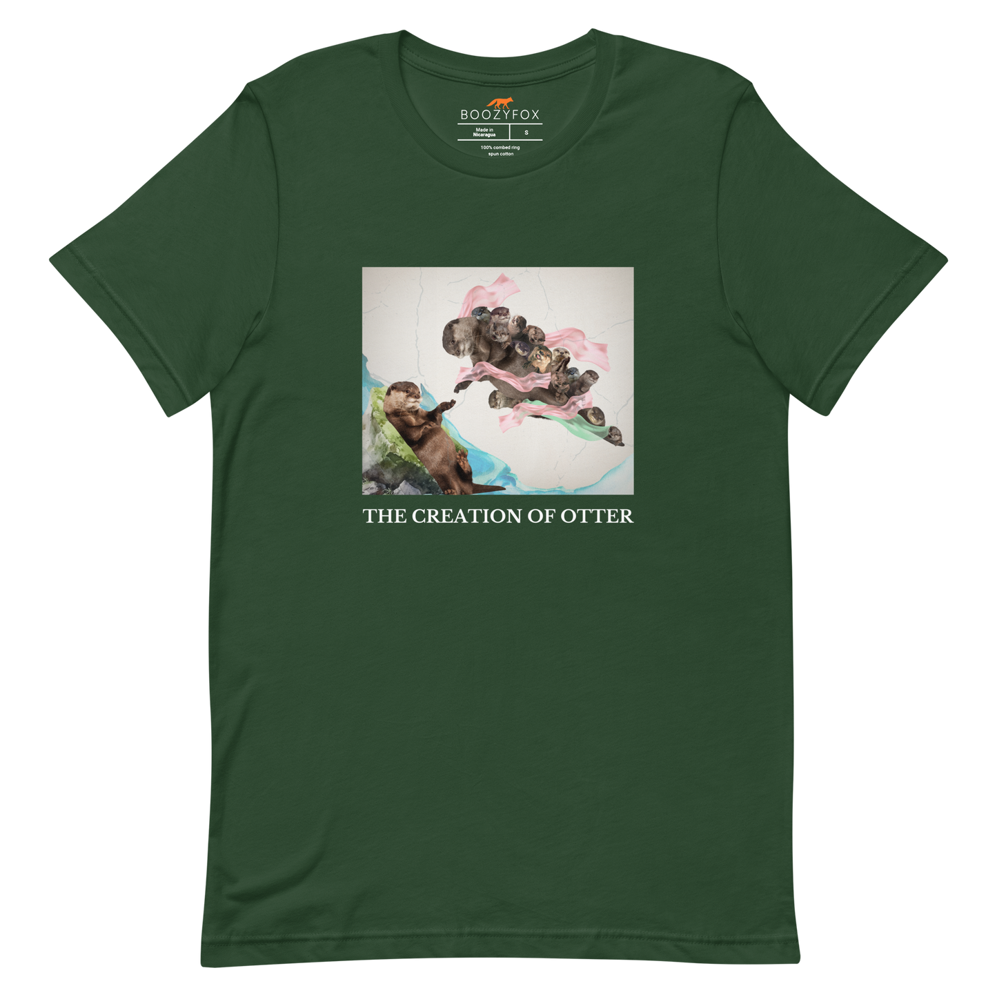 Forest Green Premium Otter Tee featuring a playful The Creation of Otter parody of Michelangelo's masterpiece - Artsy/Funny Graphic Otter Tees - Boozy Fox