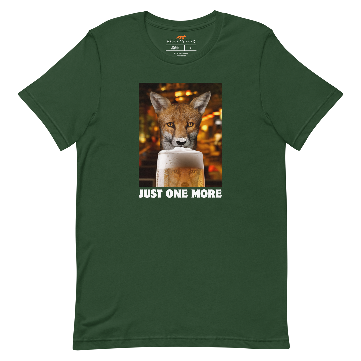 Funny Just One More Fox beer lightweight graphic t-shirt in forest green by Boozy Fox