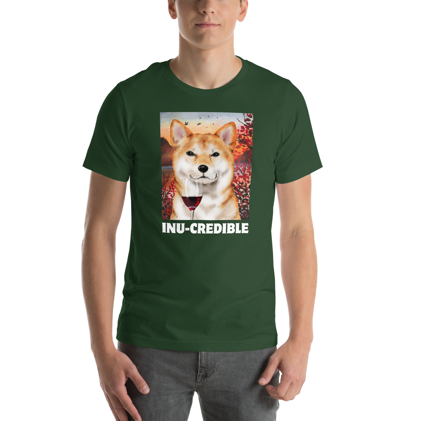 Man wearing a Funny Shiba Inu lightweight graphic tee in forest green by Boozy Fox