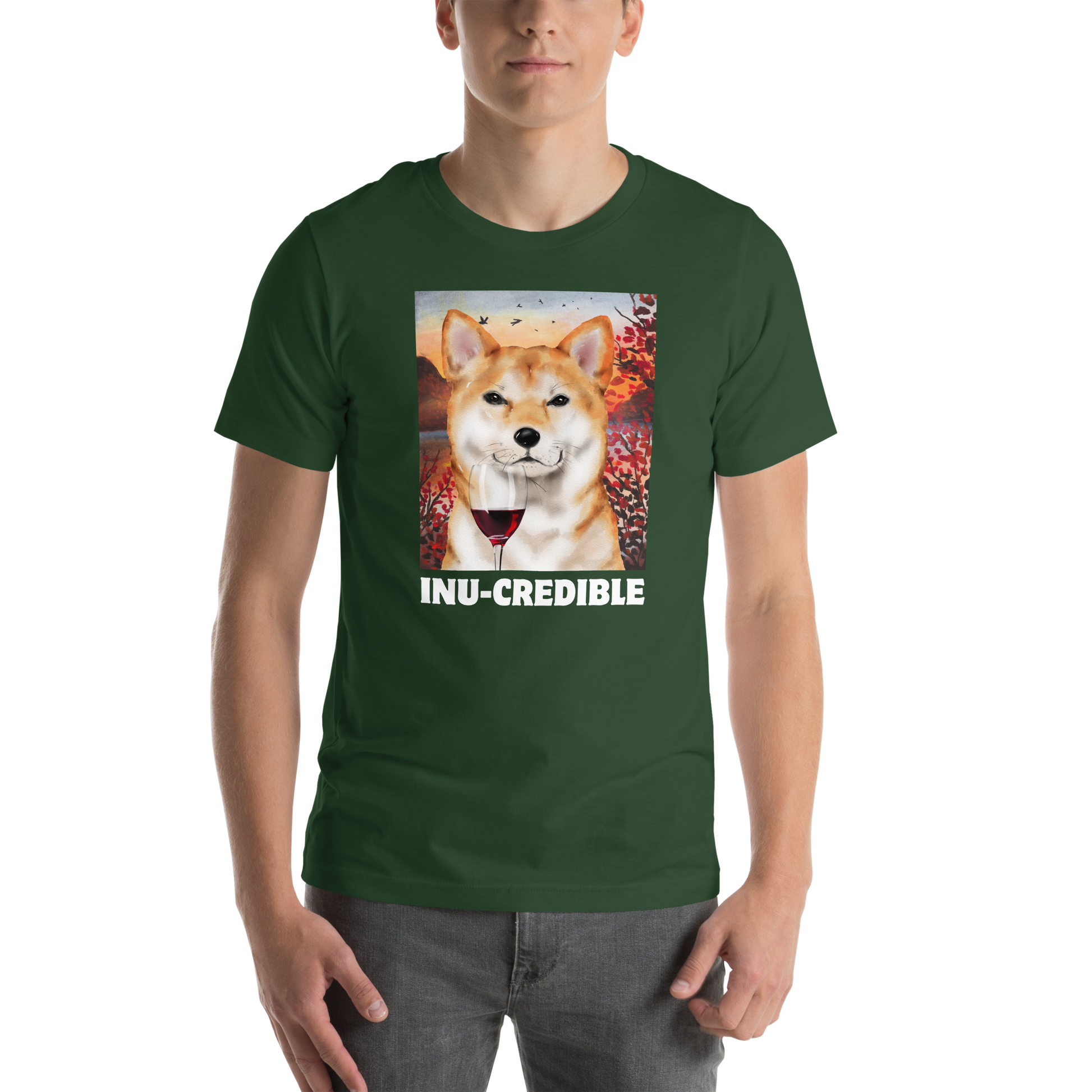 Man wearing a Funny Shiba Inu lightweight graphic tee in forest green by Boozy Fox