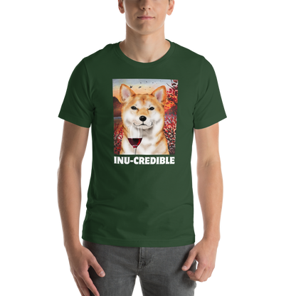 Man wearing a Funny Shiba Inu lightweight graphic tee in forest green by Boozy Fox