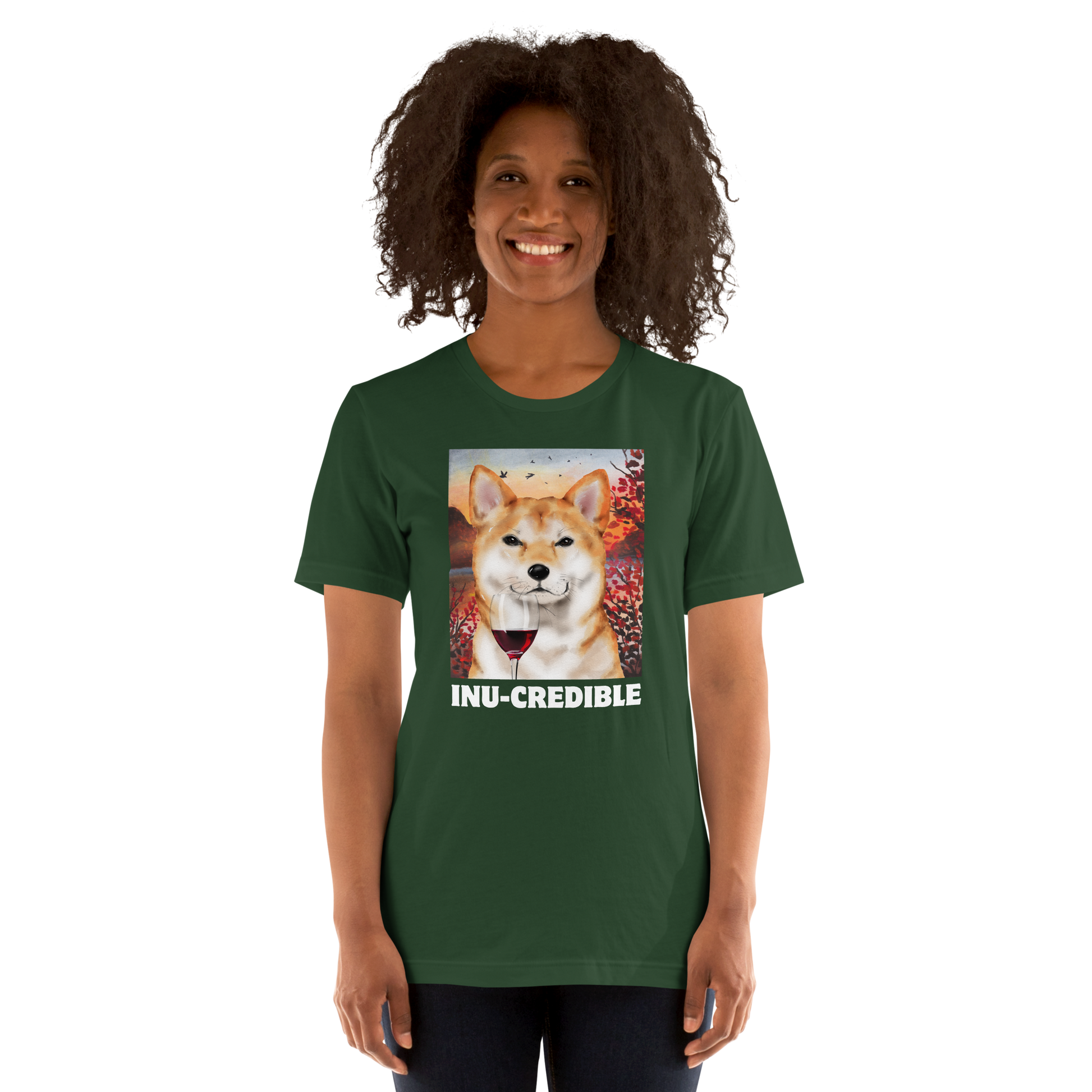 Woman wearing a Funny Shiba Inu lightweight graphic tee in forest green by Boozy Fox