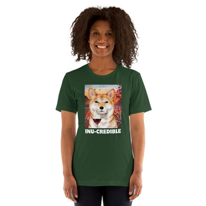Woman wearing a Funny Shiba Inu lightweight graphic tee in forest green by Boozy Fox