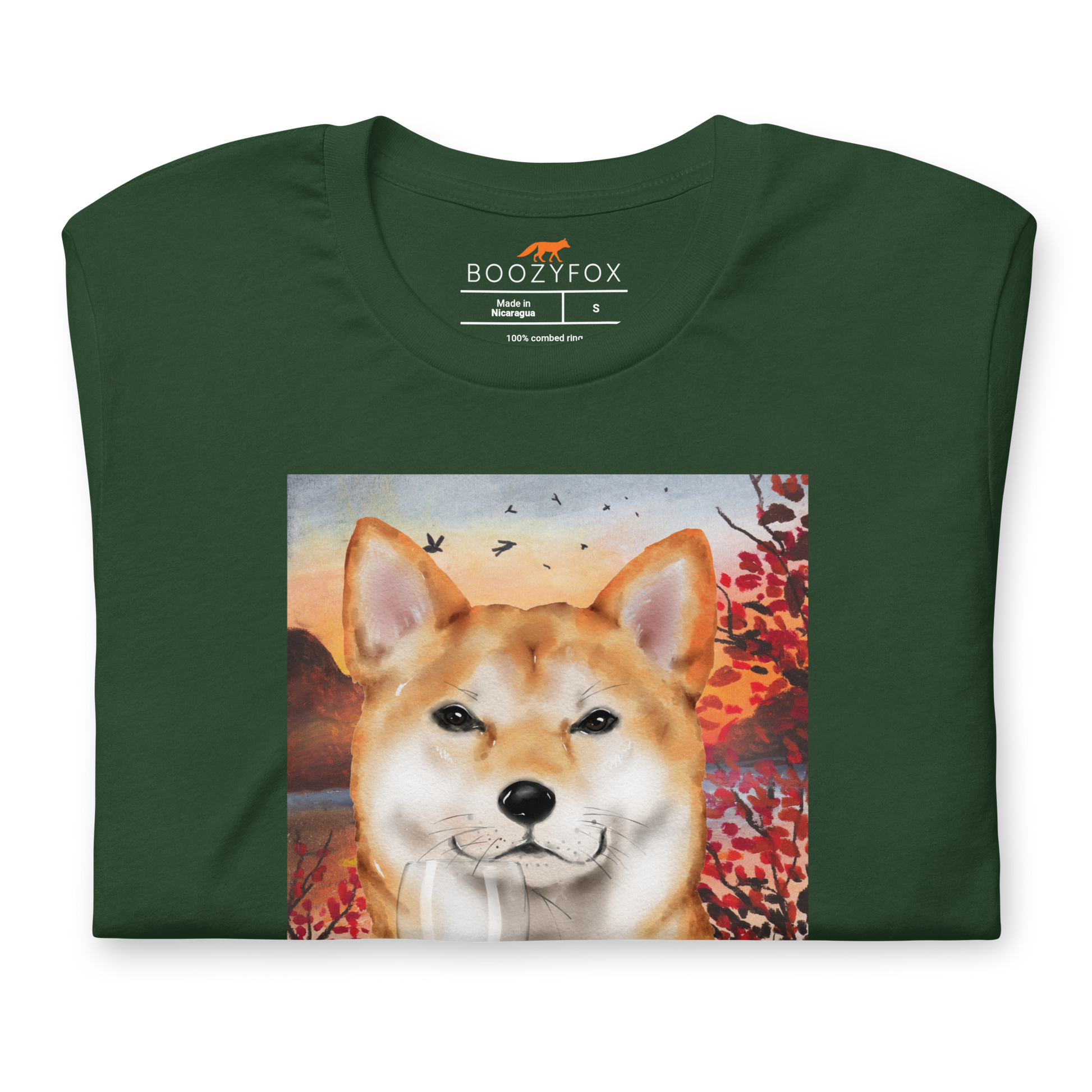 Front details of a Funny Shiba Inu lightweight graphic tee in forest green by Boozy Fox