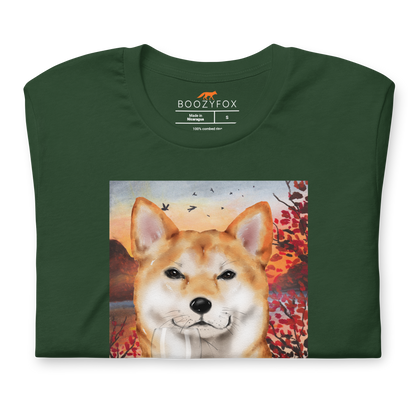 Front details of a Funny Shiba Inu lightweight graphic tee in forest green by Boozy Fox