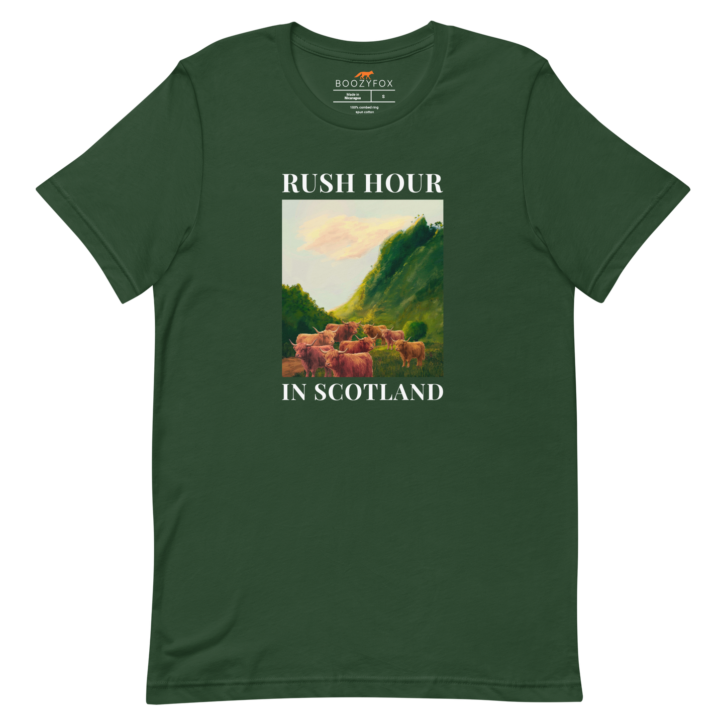 Funny Highland Cow Rush Hour in Scotland lightweight graphic tee in forest green by Boozy Fox