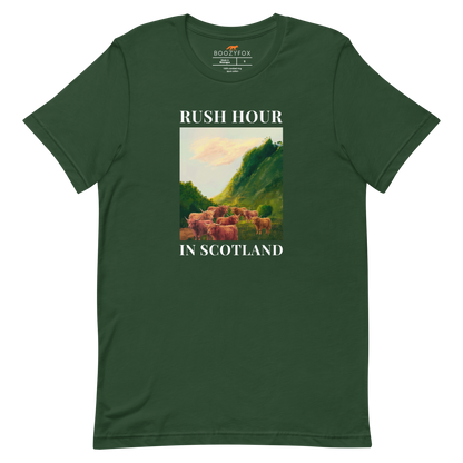 Funny Highland Cow Rush Hour in Scotland lightweight graphic tee in forest green by Boozy Fox