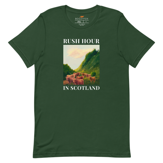 Funny Highland Cow Rush Hour in Scotland lightweight graphic tee in forest green by Boozy Fox