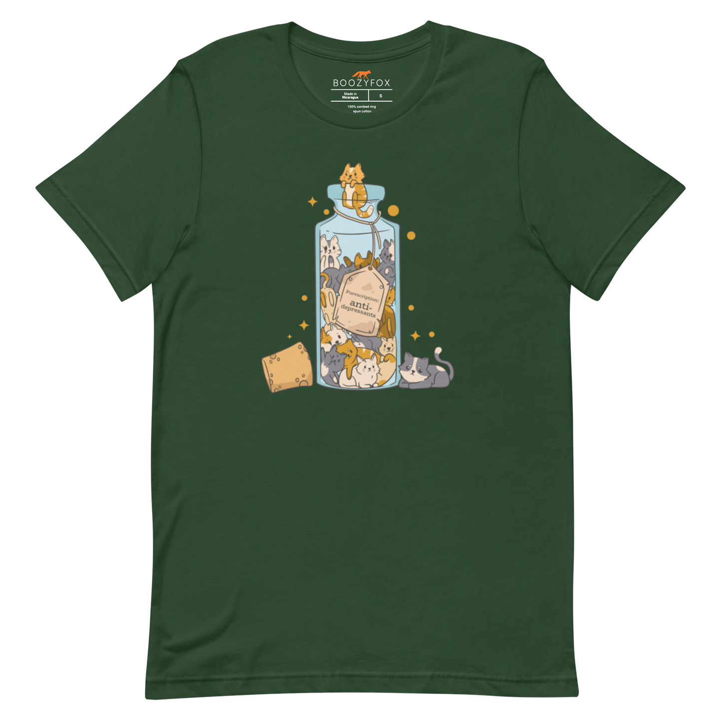 Funny Purrscription: Anti-depressants Cat lightweight graphic tee in forest green by Boozy Fox