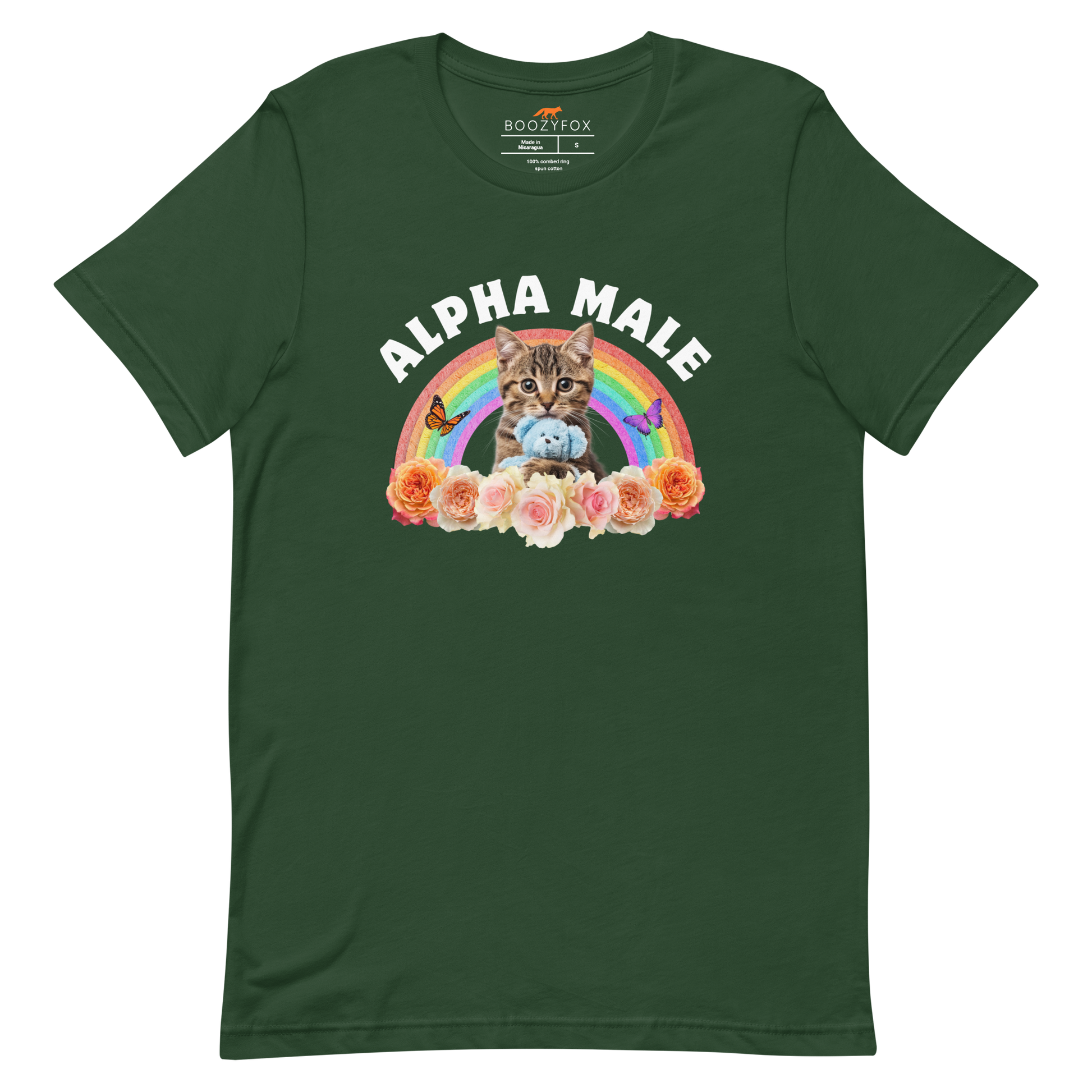 Funny Alpha Male Cat rainbow roses lightweight graphic t-shirt in forest green by Boozy Fox