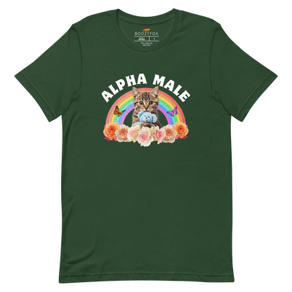 Funny Alpha Male Cat rainbow roses lightweight graphic t-shirt in forest green by Boozy Fox