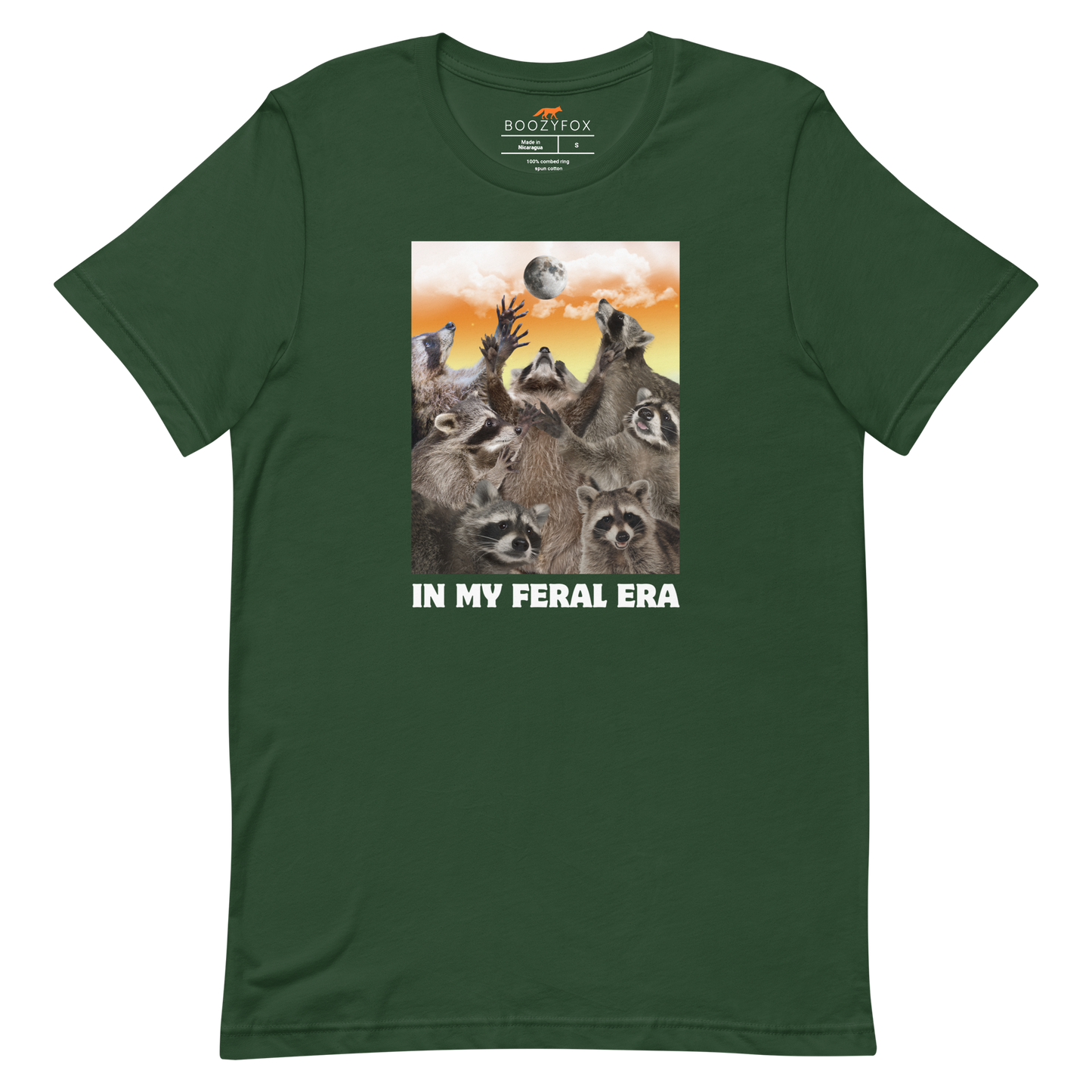 Funny In My Feral Era Raccoon lightweight graphic t-shirt in forest green by Boozy Fox