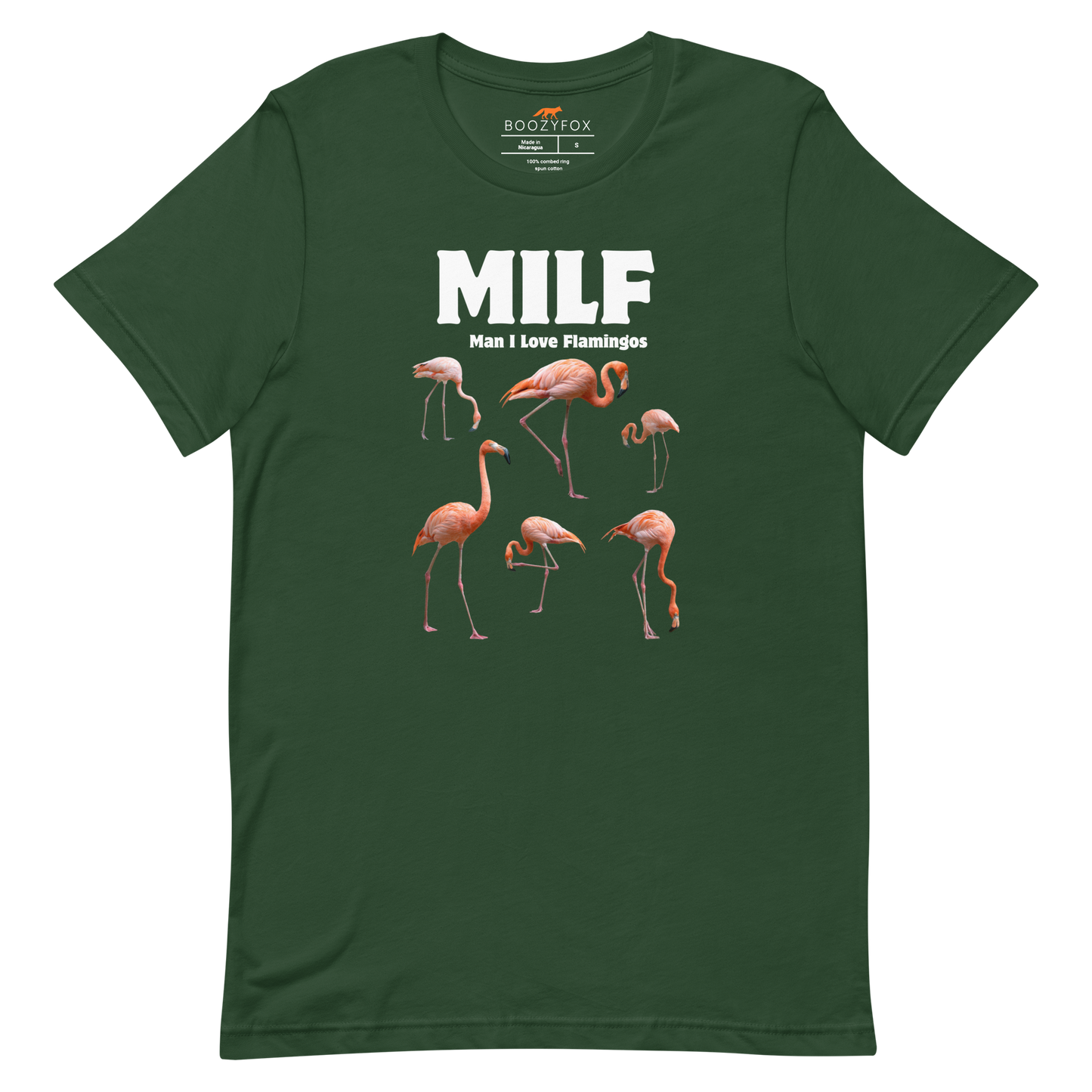 Funny Man I Love Flamingos lightweight graphic tee in forest green by Boozy Fox