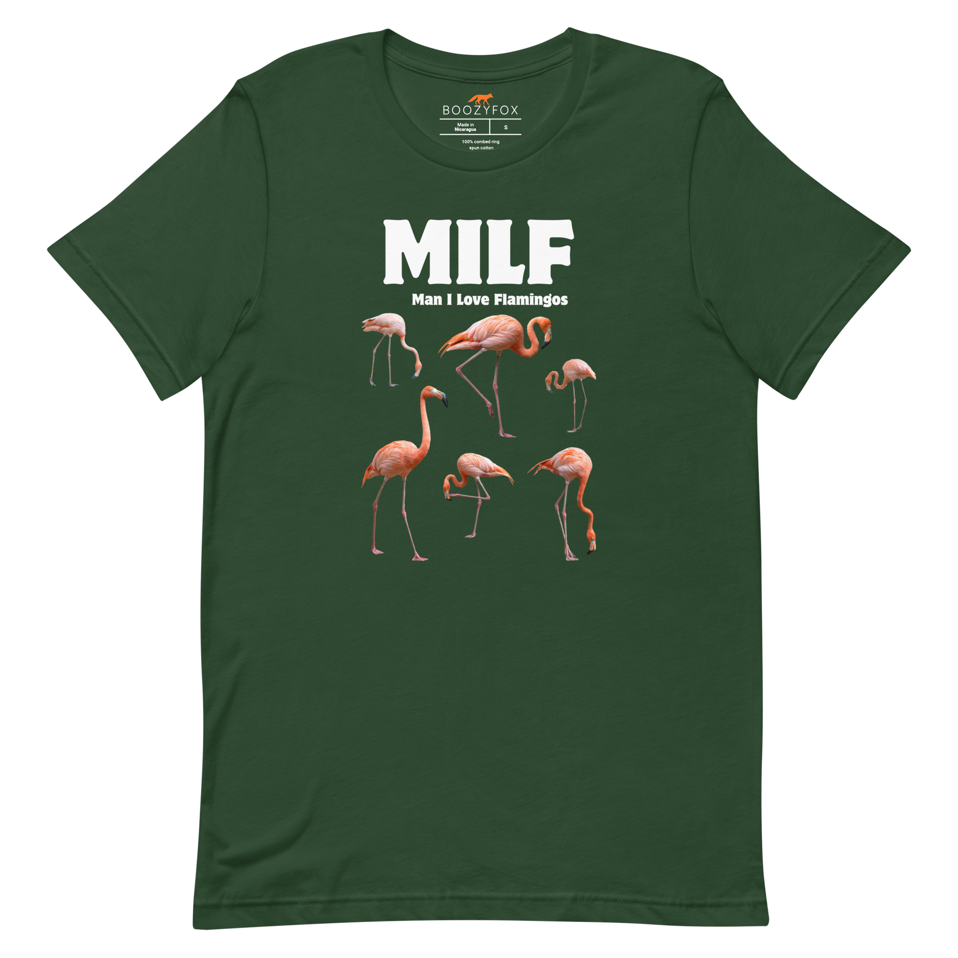 Funny Man I Love Flamingos lightweight graphic tee in forest green by Boozy Fox