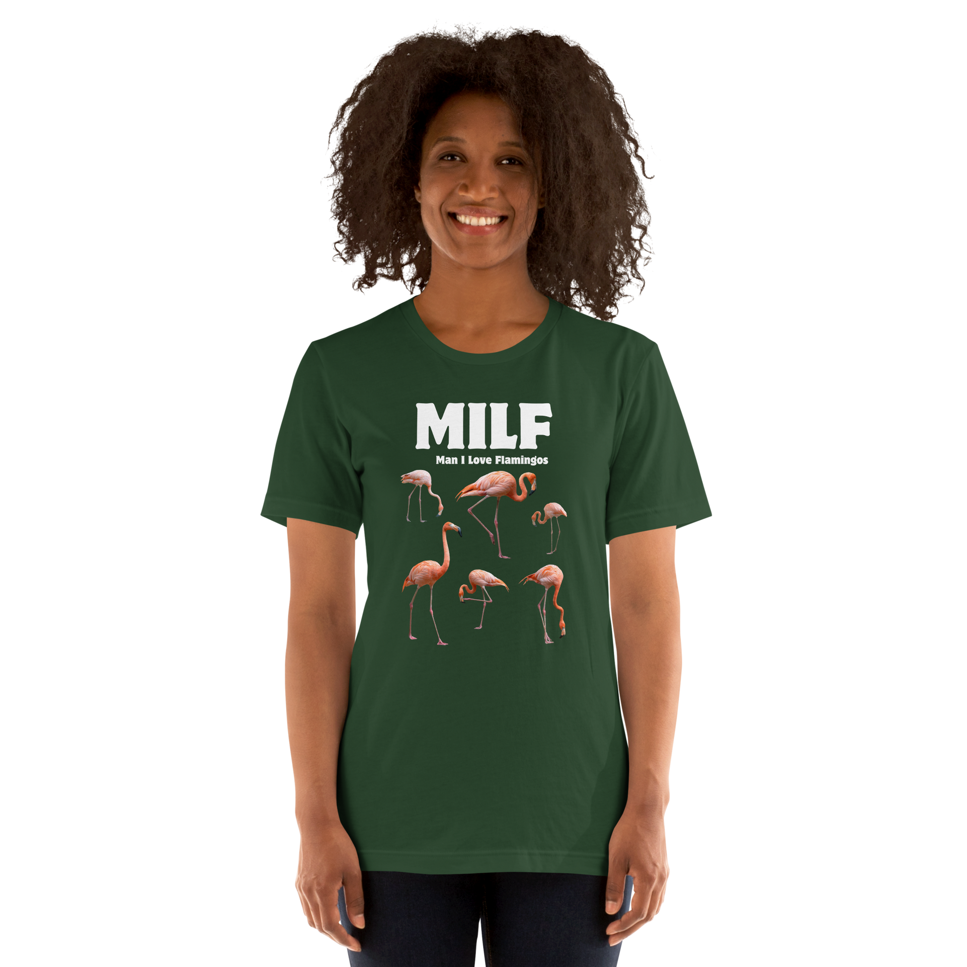 Woman wearing a Funny Man I Love Flamingos lightweight graphic tee in forest green by Boozy Fox