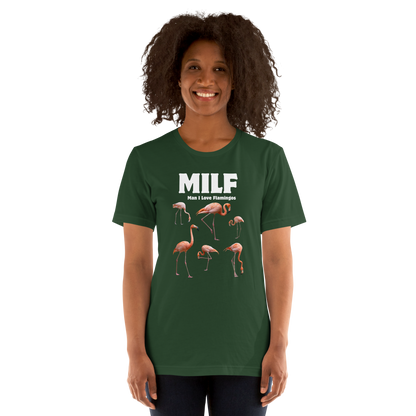 Woman wearing a Funny Man I Love Flamingos lightweight graphic tee in forest green by Boozy Fox