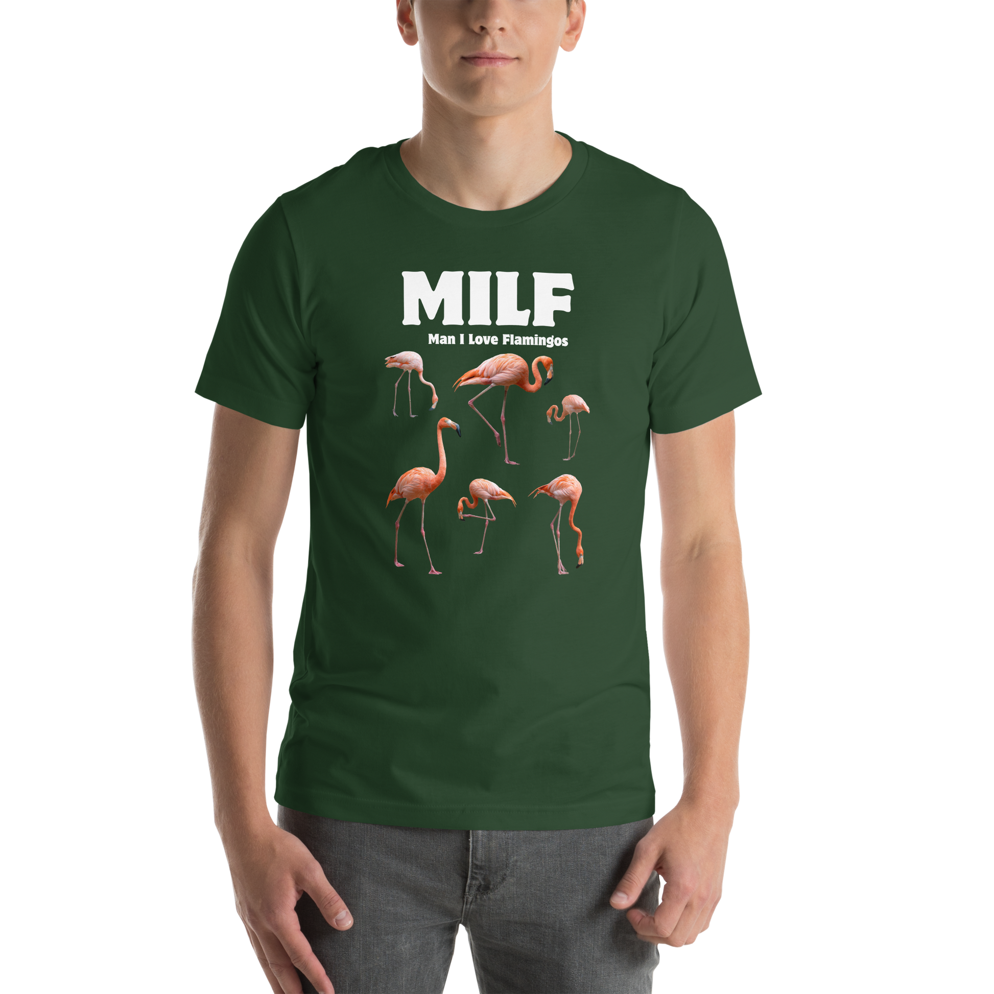 Man wearing a Funny Man I Love Flamingos lightweight graphic tee in forest green by Boozy Fox