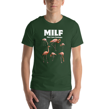 Man wearing a Funny Man I Love Flamingos lightweight graphic tee in forest green by Boozy Fox
