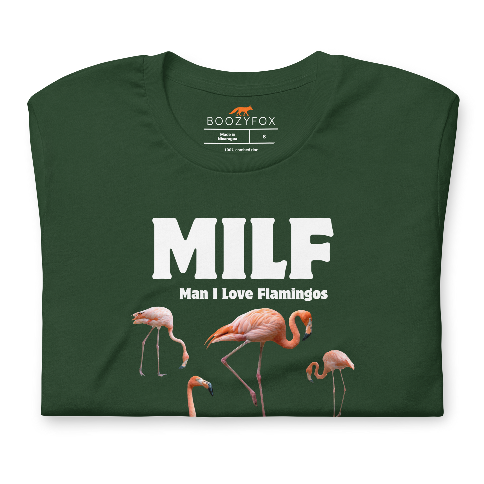 Front details of a Funny Man I Love Flamingos lightweight graphic tee in forest green by Boozy Fox