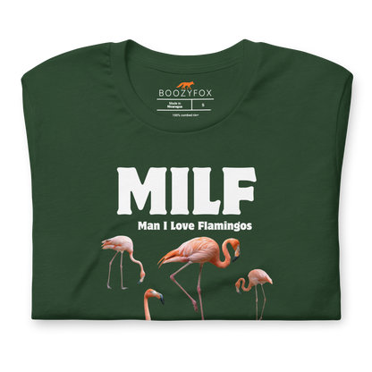 Front details of a Funny Man I Love Flamingos lightweight graphic tee in forest green by Boozy Fox