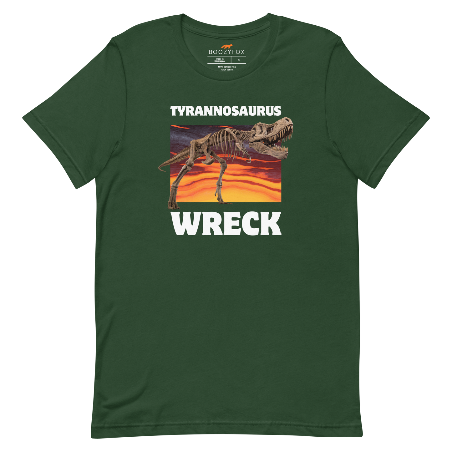 Funny Tyrannosaurus Wreck T-Rex Dinosaur lightweight graphic t-shirt in forest green by Boozy Fox