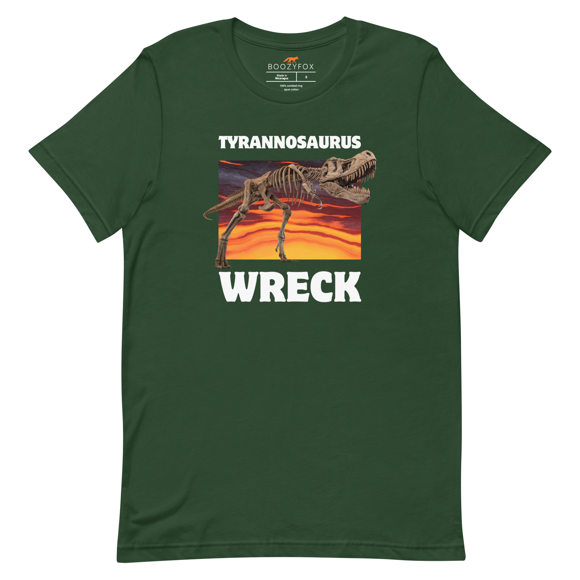 Funny Tyrannosaurus Wreck T-Rex Dinosaur lightweight graphic t-shirt in forest green by Boozy Fox