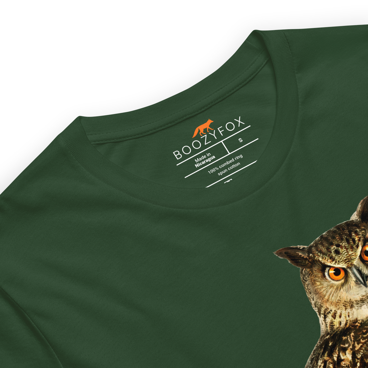 Product details of a Forest Green Premium Owl T-Shirt featuring a captivating Don't Give A Hoot graphic on the chest - Funny Graphic Owl Tees - Boozy Fox