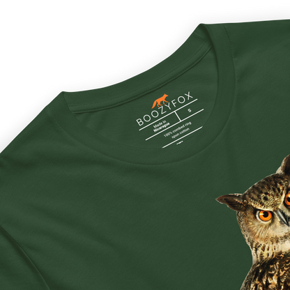 Product details of a Forest Green Premium Owl T-Shirt featuring a captivating Don't Give A Hoot graphic on the chest - Funny Graphic Owl Tees - Boozy Fox