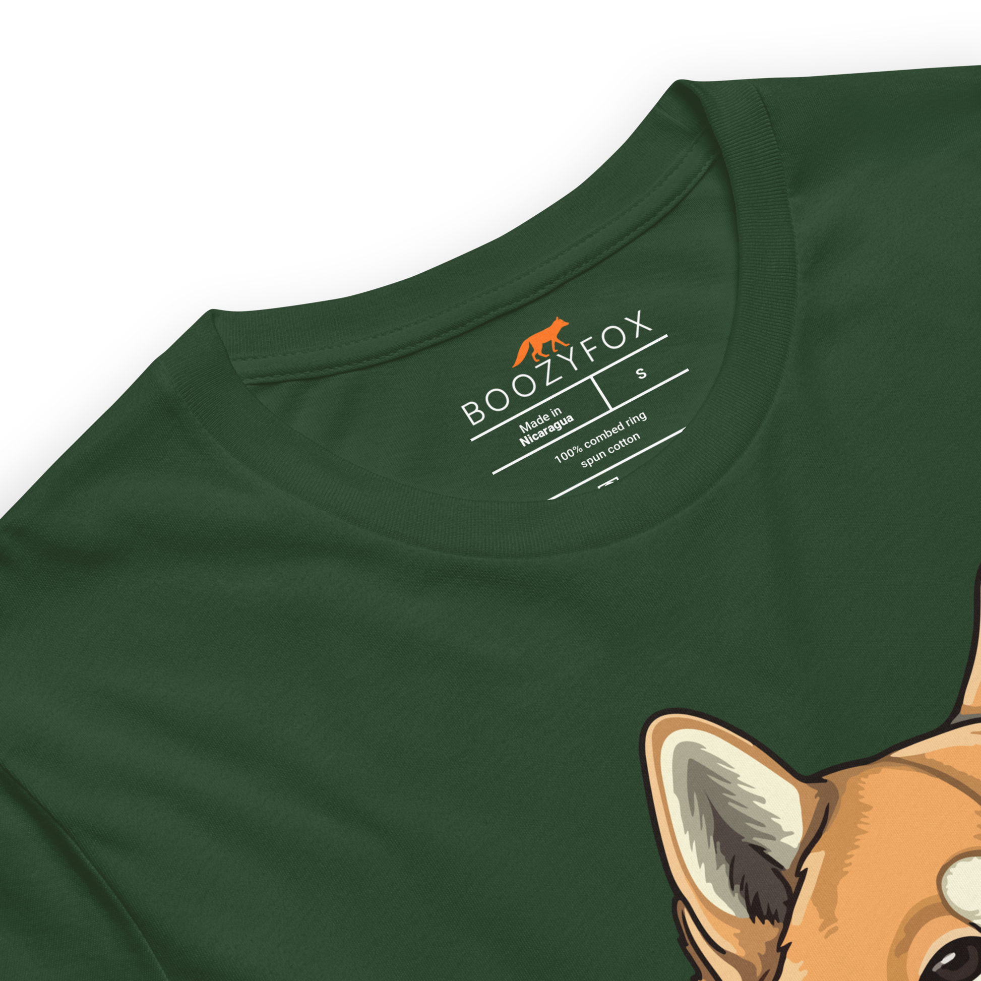 Product details of a Forest Green Premium Shiba Inu T-Shirt featuring the Inu-Credible graphic on the chest - Funny Graphic Shiba Inu Tees - Boozy Fox