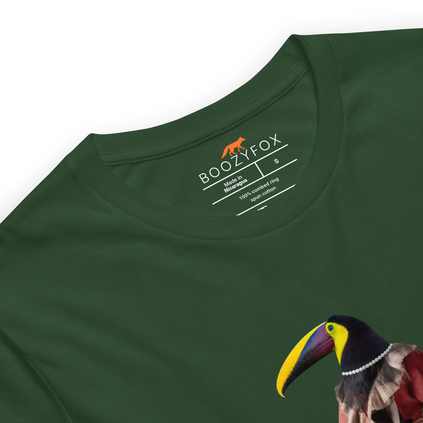 Product details of a Forest Green Premium Toucan T-Shirt featuring an Anthropomorphic Toucan graphic on the chest - Funny Graphic Toucan Tees - Boozy Fox