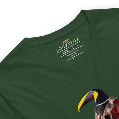 Product details of a Forest Green Premium Toucan T-Shirt featuring an Anthropomorphic Toucan graphic on the chest - Funny Graphic Toucan Tees - Boozy Fox