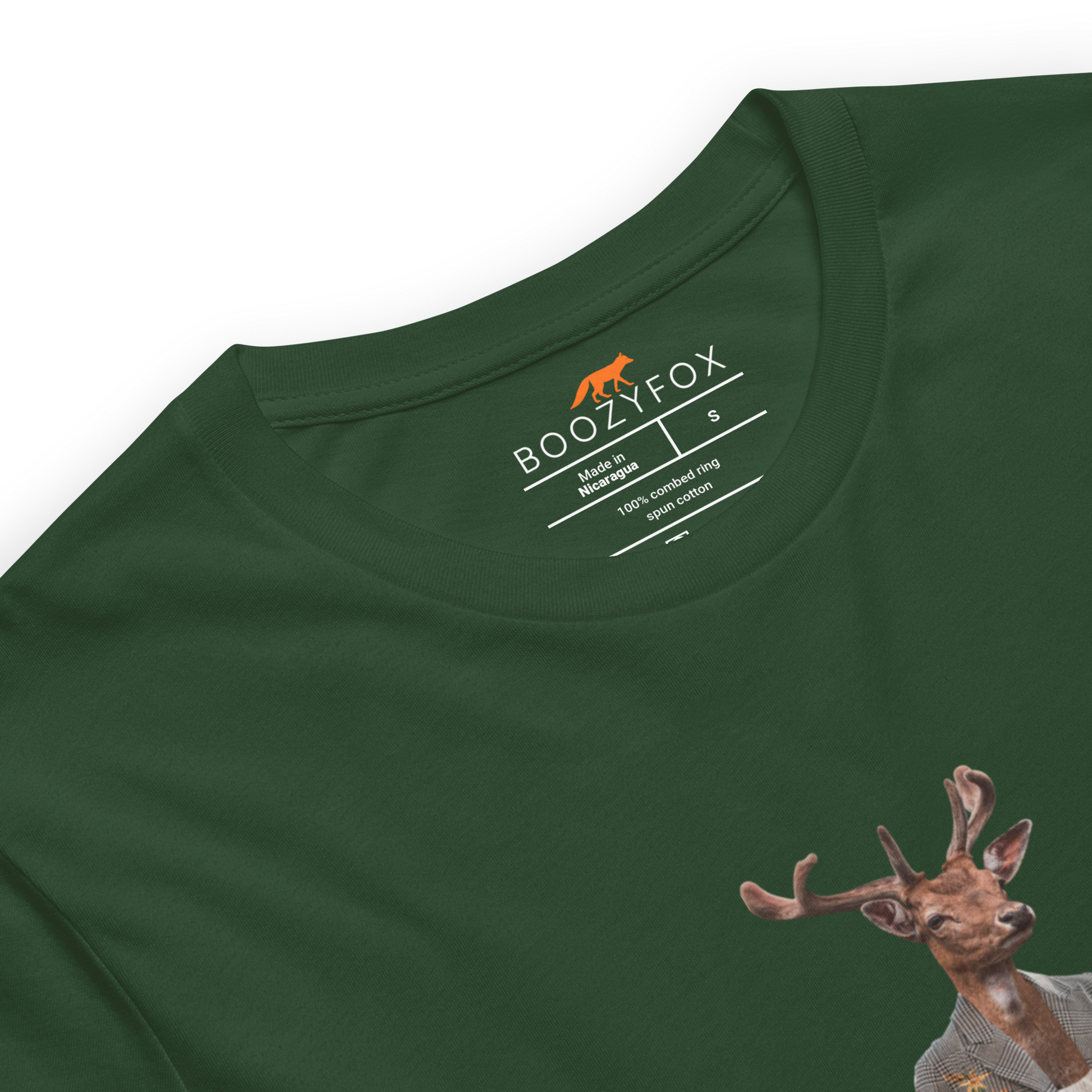 Product details of a Forest Green Premium Deer T-Shirt featuring an Anthropomorphic Deer graphic on the chest - Funny Graphic Deer Tees - Boozy Fox