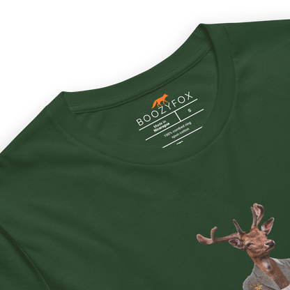 Product details of a Forest Green Premium Deer T-Shirt featuring an Anthropomorphic Deer graphic on the chest - Funny Graphic Deer Tees - Boozy Fox