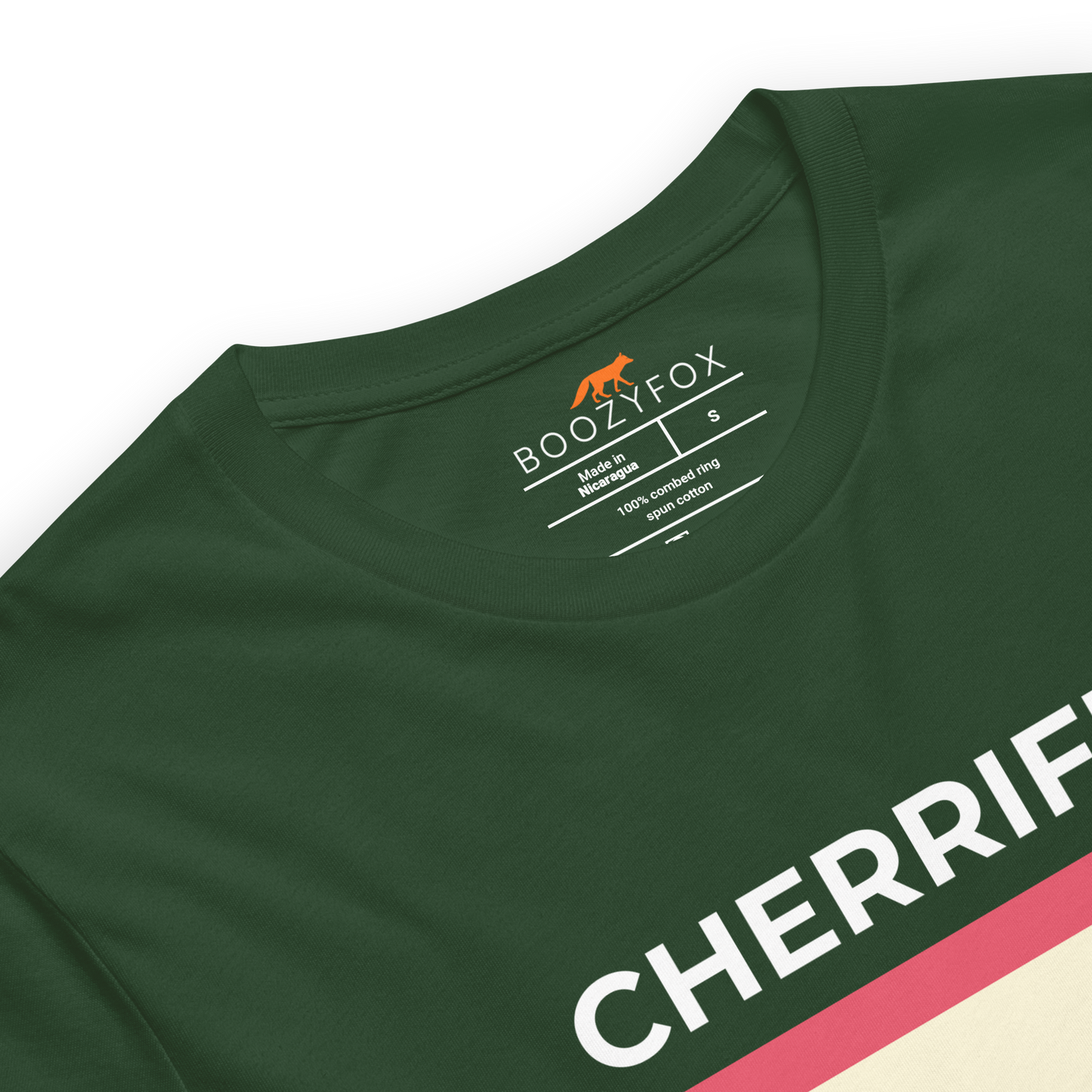 Product details of a Forest Green Premium Cherry Tee featuring a Cherrific graphic on the chest - Funny Graphic Cherry Tees - Boozy Fox