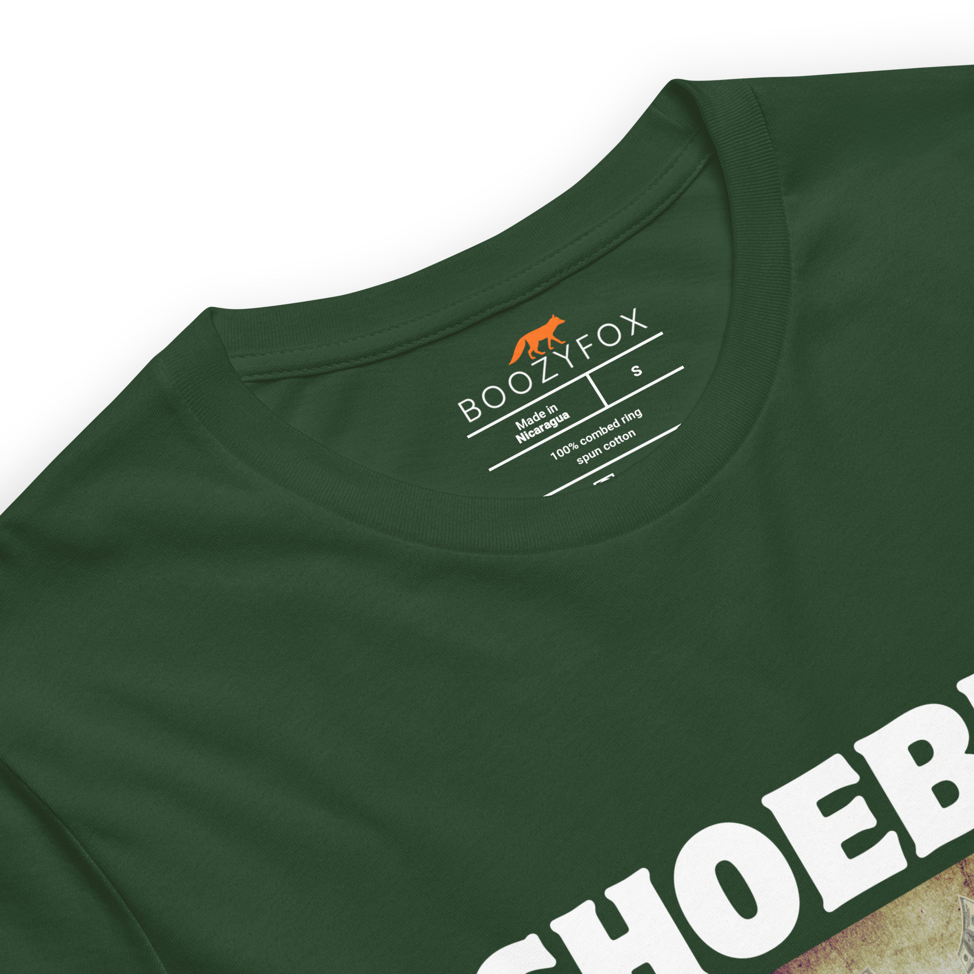Product details of a Forest Green Premium Shoebill Tee featuring cool Shoebill graphic on the chest - Artsy/Funny Graphic Shoebill Stork Tees - Boozy Fox