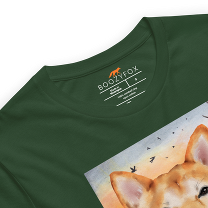 Product details of a Funny Shiba Inu lightweight graphic tee in forest green by Boozy Fox
