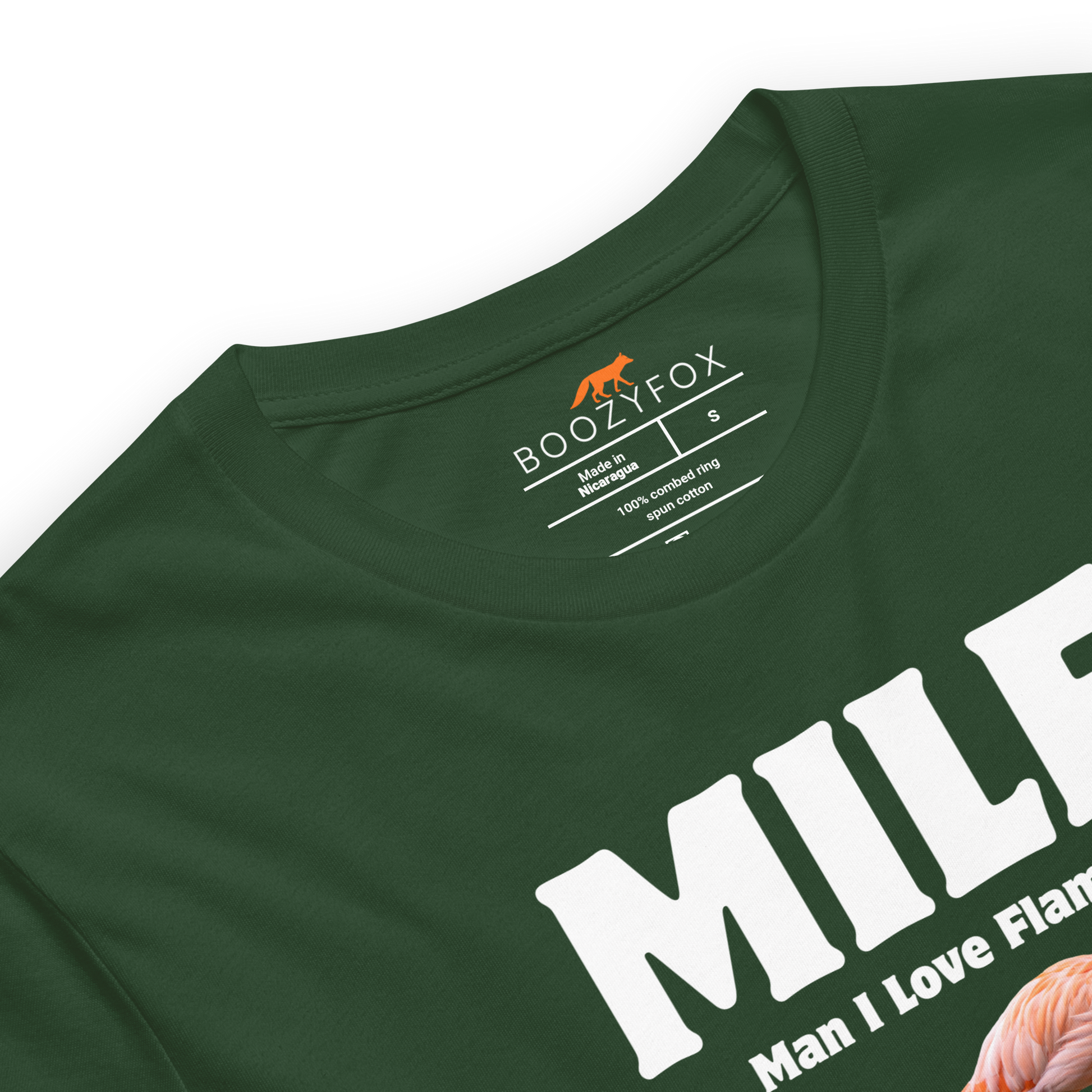 Product details of a Funny Man I Love Flamingos lightweight graphic tee in forest green by Boozy Fox