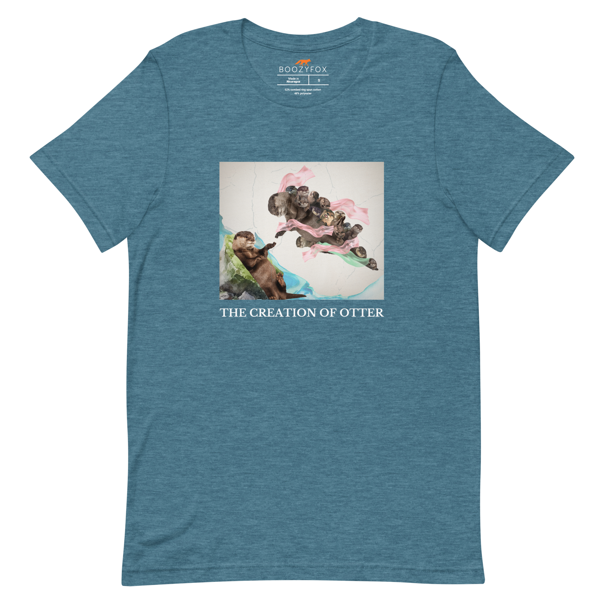 Heather Deep Teal Premium Otter Tee featuring a playful The Creation of Otter parody of Michelangelo's masterpiece - Artsy/Funny Graphic Otter Tees - Boozy Fox