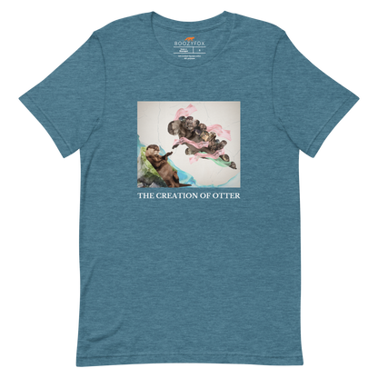 Heather Deep Teal Premium Otter Tee featuring a playful The Creation of Otter parody of Michelangelo's masterpiece - Artsy/Funny Graphic Otter Tees - Boozy Fox